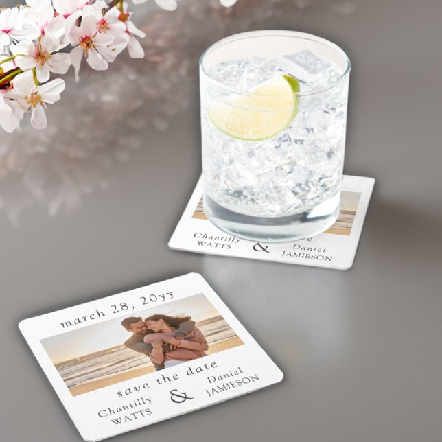Verlobung Foto Hochzeitssache Datum speichern Rechteckiger Pappuntersetzer (Engagement photo save the date coasters by Darling & May)