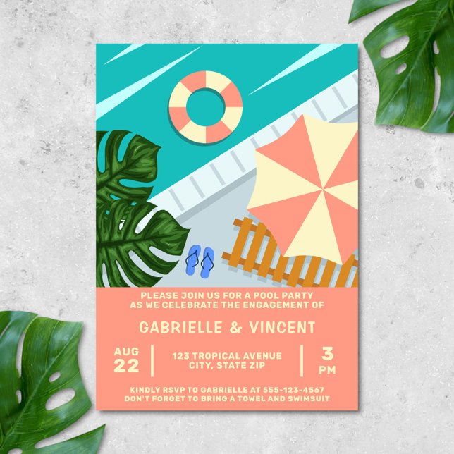 Verlobung Pool Party Tropical Pool Szene Einladung (Engagement pool party invitation)