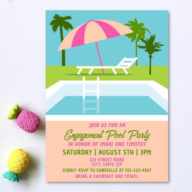 Verlobung Pool Party Tropisches Schwimmbad Einladung (Engagement pool party invitation on a light background with tropical decorations. )