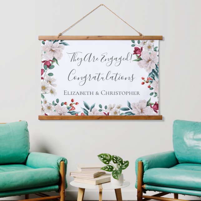 Verlobung Rosa Blütengrün Wandteppich Mit Holzrahmen (Wohnzimmer)