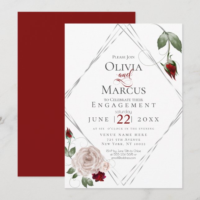 VERLOBUNG | Rote und blaue Rose Einladung (Vorne/Hinten)