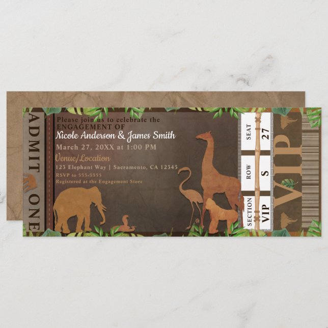 Verlobung Safari Jungle Brown Animals Ticket Einladung (Vorne/Hinten)