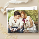 Verlobung Save the Date Modernes Foto Postkarte<br><div class="desc">Save the Date Moderne Verlobung Couple Foto Postcard - Weißes Script</div>