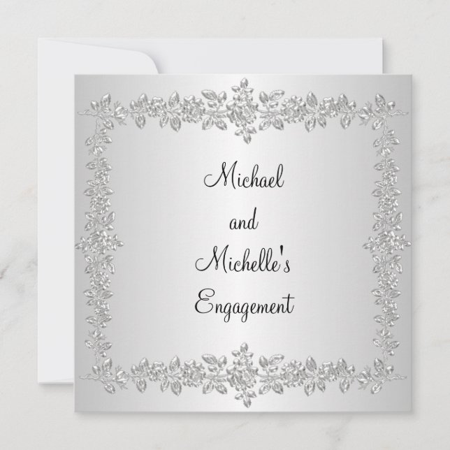 Verlobung Schwarz-weiße Silbermetall-Rose Einladung (Vorderseite)