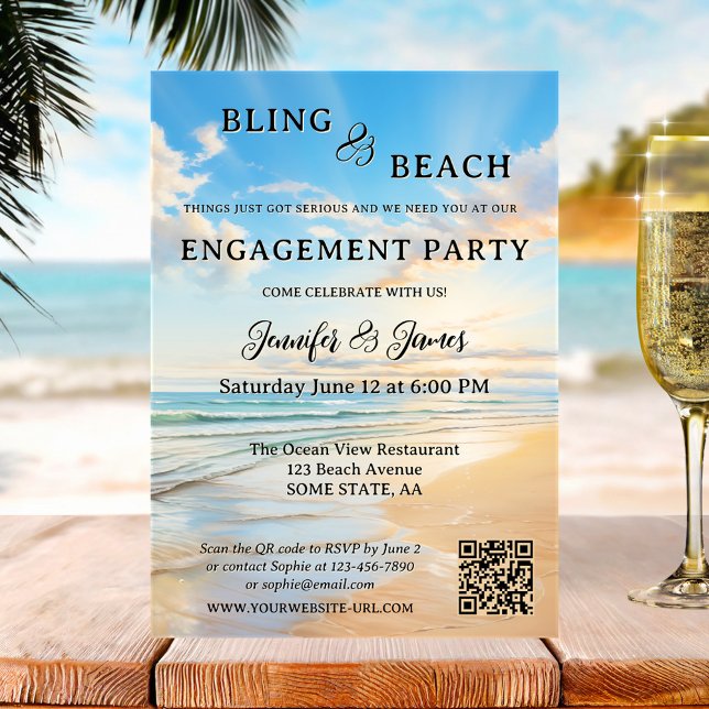 Verlobung von Bling and Beach Foto Einladung (Modern engagement party invitation featuring a watercolor painting of a beach on a beautiful day)