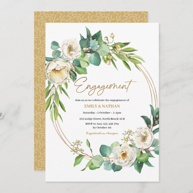 Verlobung von Gold und Weiß Einladung (Vorne/Hinten)