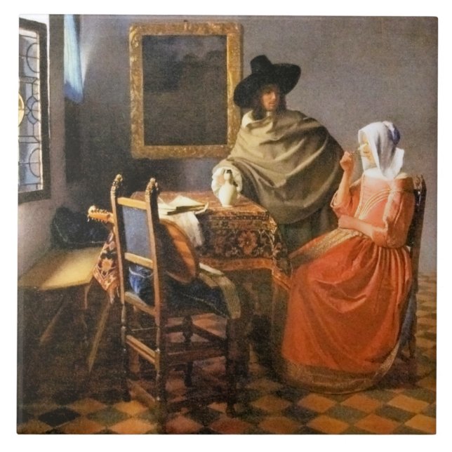 Vermeer - Das Glas Wein, berühmtes Gemälde Fliese (Vorderseite)