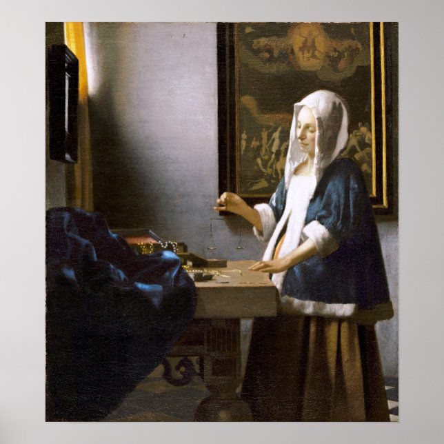 Vermeer: Frau, die ein Gleichgewicht hält Poster (Vorne)