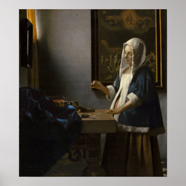 Vermeer - Frau, die einen Saldo hält 1665 Poster (Vorne)