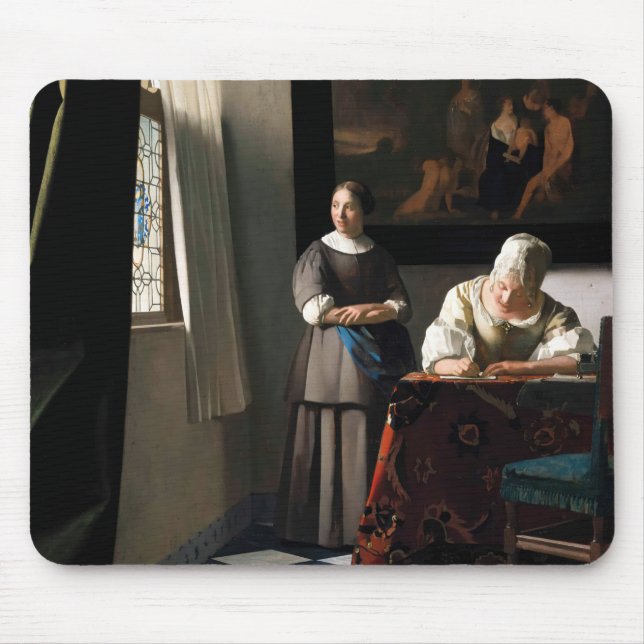 Vermeer - Lady schreibt einen Brief mit ihrer Freu Mousepad (Vorne)