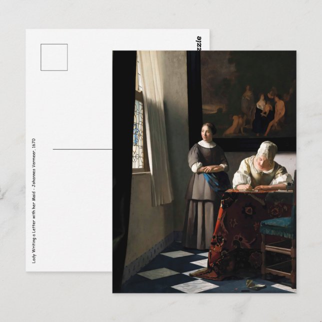 Vermeer - Lady schreibt einen Brief mit ihrer Freu Postkarte (Vorne/Hinten)