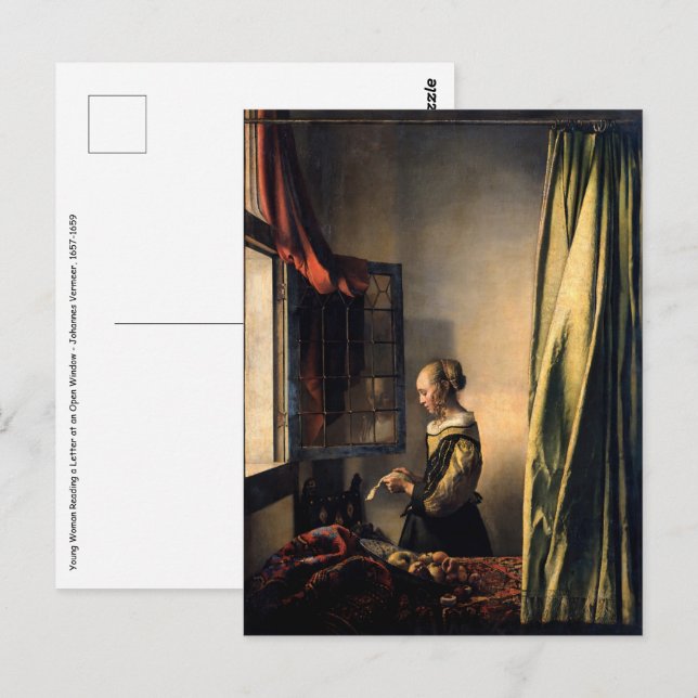 Vermeer - Mädchen, die einen Buchstaben in einem o Postkarte (Vorne/Hinten)