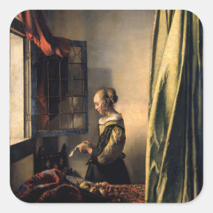 Vermeer - Mädchen, die einen Buchstaben in einem o Quadratischer Aufkleber