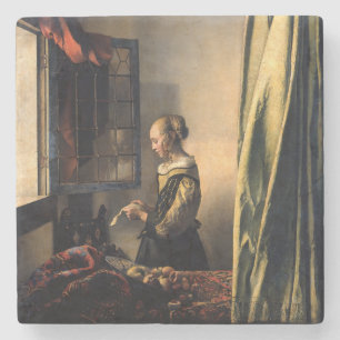 Vermeer - Mädchen, die einen Buchstaben in einem o Steinuntersetzer