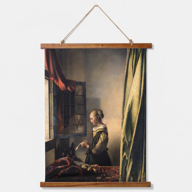 Vermeer - Mädchen, die einen Buchstaben in einem o Wandteppich Mit Holzrahmen (Vorderseite)