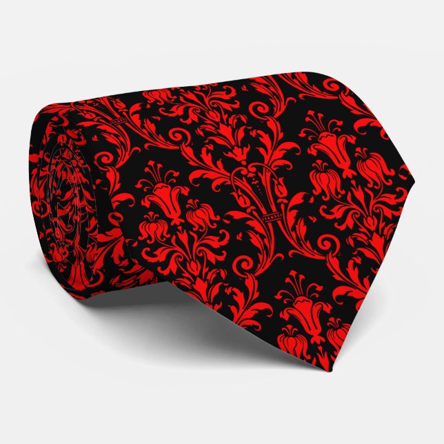 Vermillion Red Black Floral Damask Krawatte (Gerollt)