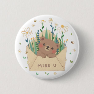 VERMISSE DICH: Teddybär und Blumen im Umschlag Button