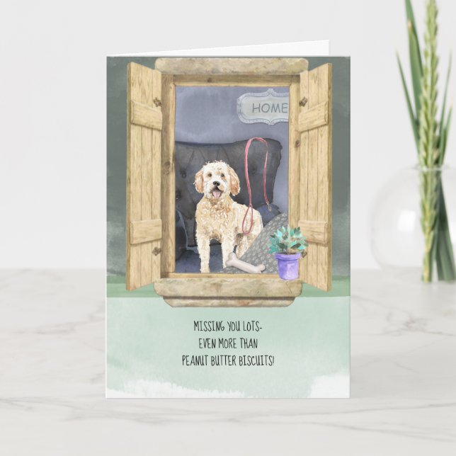 Vermisst Sie lieben Goldendoodle Dog Looking Windo Karte (Vorderseite)