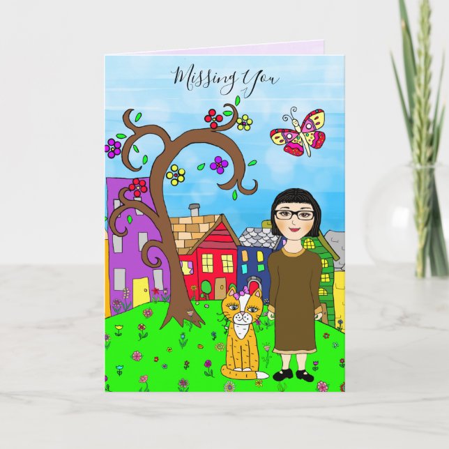 Vermissten Sie, Whimsical Lady and Cat Friendship Karte (Vorderseite)