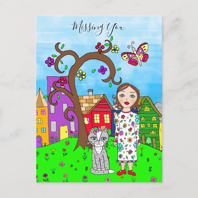 Vermissten Sie, Whimsical Lady and Cat Friendship Postkarte (Vorderseite)