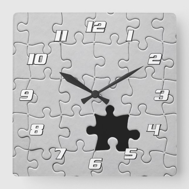 Vermisstes Jigsaw Puzzle Piece Weiß mit Zahlen Quadratische Wanduhr (Vorderseite)