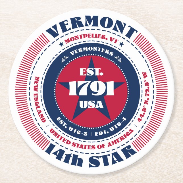 Vermont Red White Blue Typografie Runder Pappuntersetzer (Vorderseite)