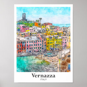 Vernazza Italien Reisen Wasserfarben Sketch Handge Poster