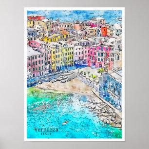 Vernazza Italien vintage Reise Wasserfarbe Poster