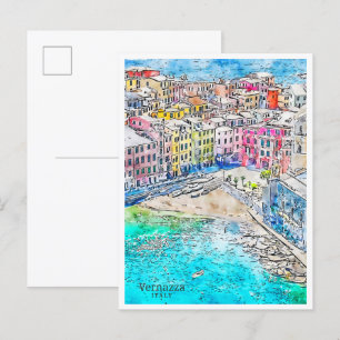 Vernazza Italien vintage Reise Wasserfarbe Postkarte