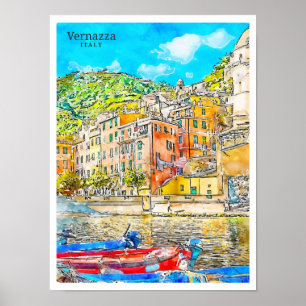 Vernazza Italien Vintage Wasserfarbe Poster