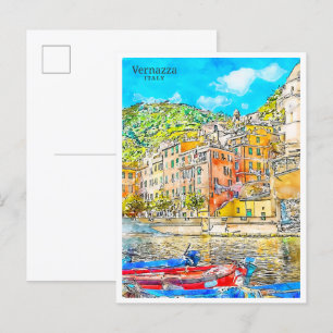 Vernazza Italien Vintage Wasserfarbe Postkarte