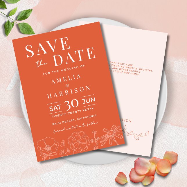 Verona Sunset Bright Orange Elegante Hochzeit der  Save The Date (Verona Sunset Bright Orange Floral Wedding Save the Date with Line Art, Optional Text on Back.)