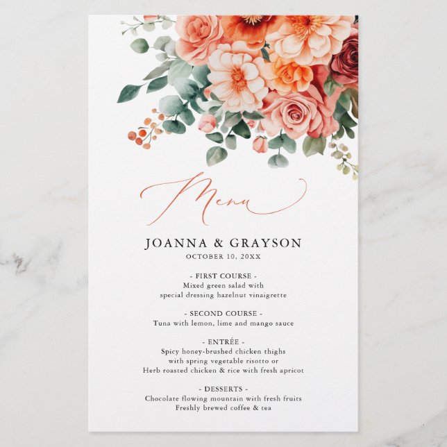 Verona Sunset Bright Orange Modern Wedding Menu (Vorderseite)