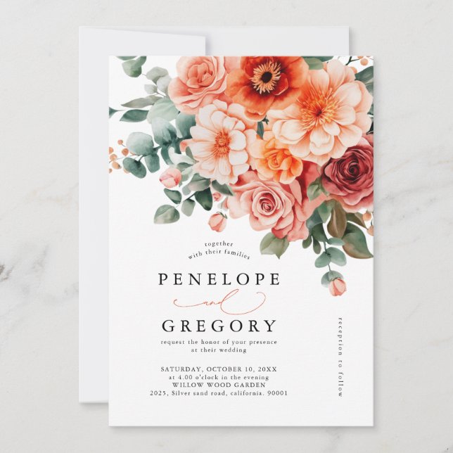 Verona Sunset Bright Orange Moderne Blumenhochzeit Einladung (Vorderseite)