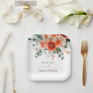 Verona Sunset Bright Orange Moderne Blumenhochzeit Pappteller