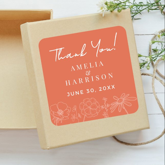 Verona Sunset Elegant Floral Wedding Vielen Dank Quadratischer Aufkleber (Verona Sunset Elegant Floral Wedding Thank You Favors Sticker with Couple Names, Wedding Date.)