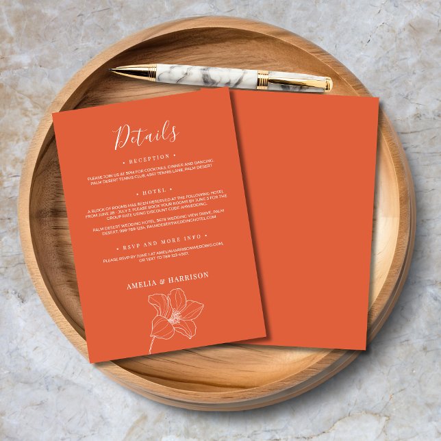 Verona Sunset Elegante Orange Blumenzwiebeldetails Begleitkarte (Verona Sunset Elegant Orange Floral Wedding Detail Enclosure Card with Line Art Flowers.)