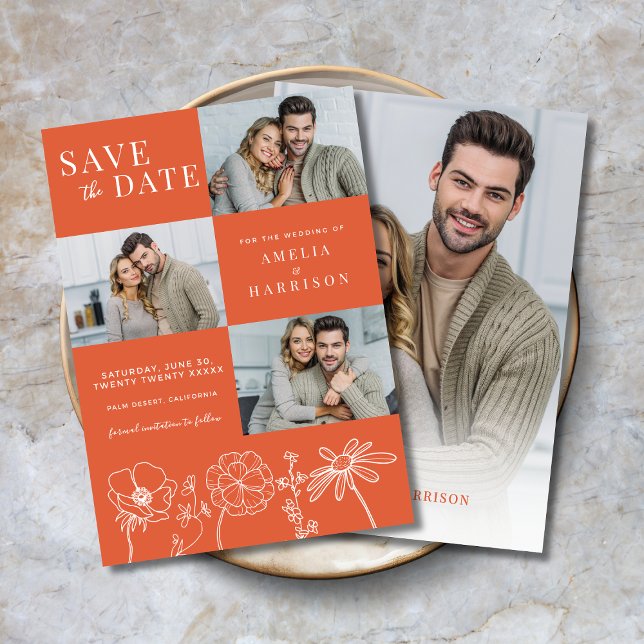 Verona Sunset Elegantes Vier-Foto Hochzeit Save The Date ( Verona Sunset Elegant Floral 4 Photo Wedding Save the Date, Line Art, 3 front photos, 1 on back.)