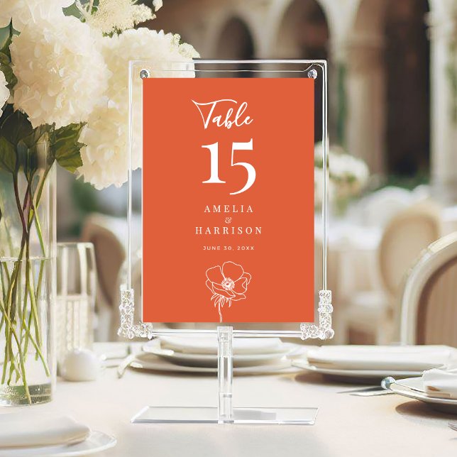 Verona Sunset Floral Wedding 12x18 Tischnummer (Verona Sunset Floral Wedding 5x7 Table Number with Line Art Flower, Couple Names, Wedding Date.)