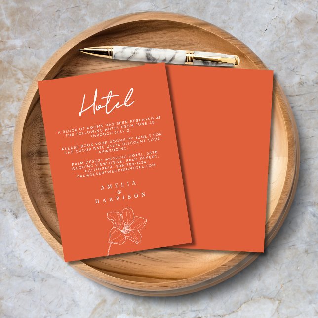 Verona Sunset Orange Elegante Floral Wedding Hotel Begleitkarte (Verona Sunset Orange Elegant Floral Wedding Hotel Enclosure Card with Line Art Flower, Script Text.)