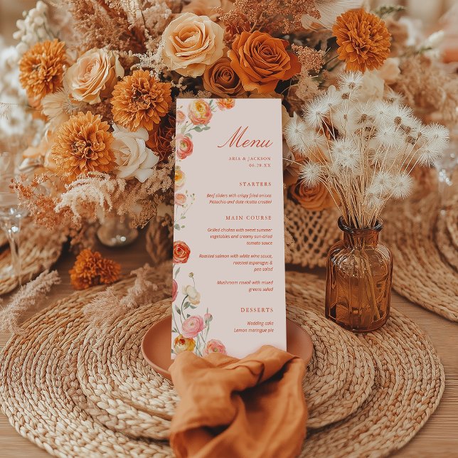 Verona Sunset Orange Floral Wedding Flat Menu Menükarte (Von Creator hochgeladen)