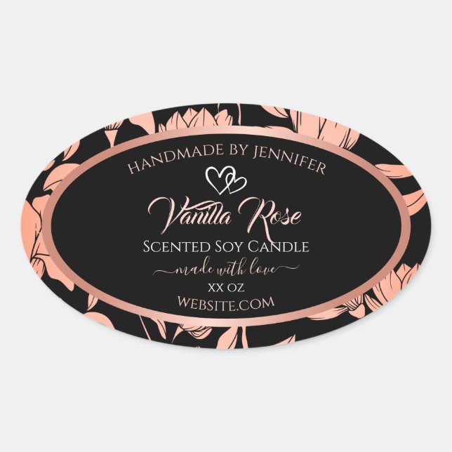 Verpackungsetiketten für schwarze Blumen Rose Gold Ovaler Aufkleber (Vorderseite)