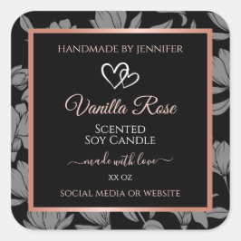 Verpackungsetiketten für schwarze Blumen Rose Gold Quadratischer Aufkleber