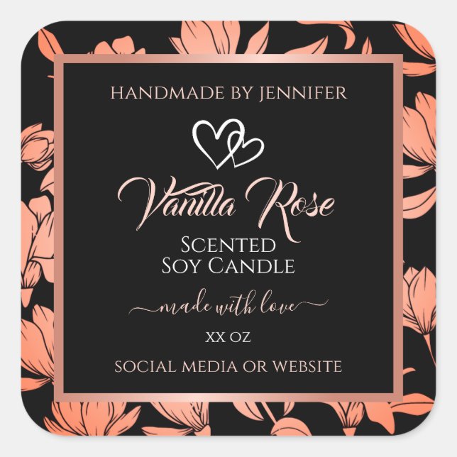 Verpackungsetiketten für schwarze Blumen Rose Gold Quadratischer Aufkleber (Vorderseite)