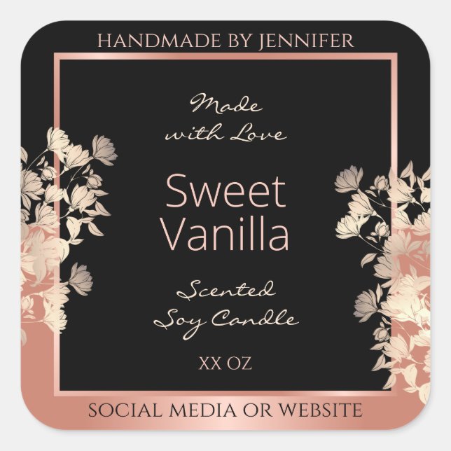 Verpackungsetiketten für schwarze Blumen Rose Gold Quadratischer Aufkleber (Vorderseite)