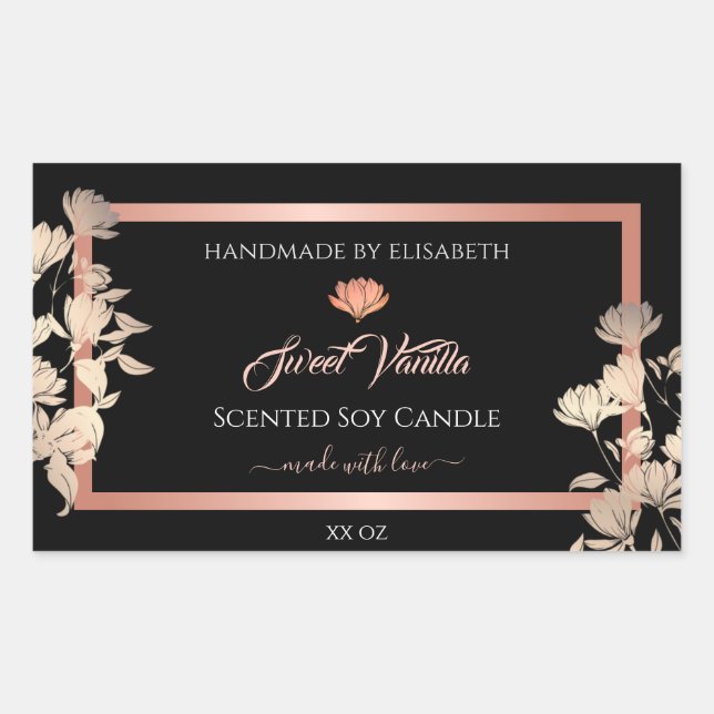 Verpackungsetiketten für schwarze Blumen Rose Gold Rechteckiger Aufkleber (Vorderseite)