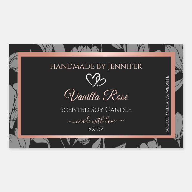 Verpackungsetiketten für schwarze Blumen Rose Gold Rechteckiger Aufkleber (Vorderseite)