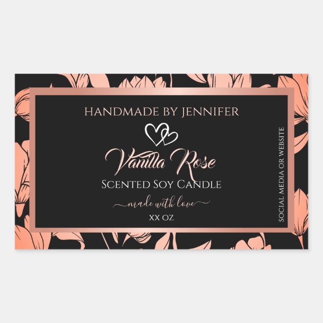 Verpackungsetiketten für schwarze Blumen Rose Gold Rechteckiger Aufkleber (Vorderseite)