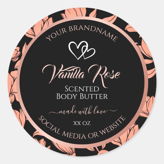 Verpackungsetiketten für schwarze Blumen Rose Gold Runder Aufkleber (Vorderseite)