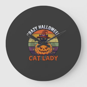 Verrückte Halloween-Katzen-Lady Schwarzer Kürbis-H Große Wanduhr